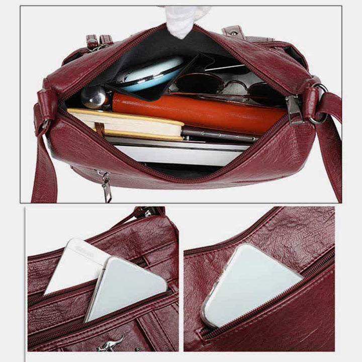 Umhängetasche für Damen, mehrere Taschen, weiches Leder, Reißverschlusstasche, Schultertasche