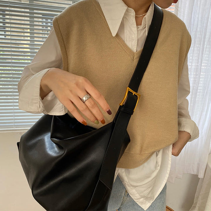 Damen Handtasche aus weichem Leder mit breiten Riemen, Vintage-Umhängetasche