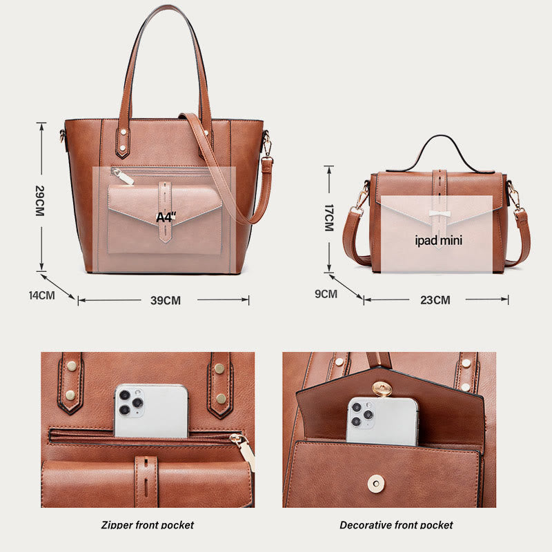 Taschenset für Damen, große Tragetasche, Umhängetasche aus Leder