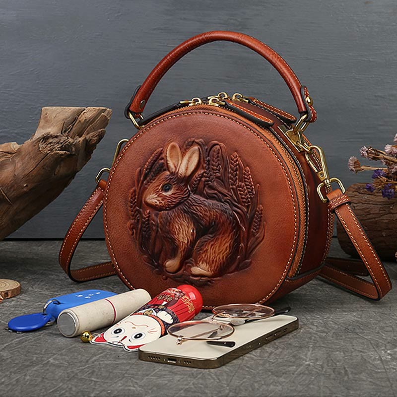 Retro Hase Prägung Handtasche Folk Custom Crossbody Leder Geldbörse
