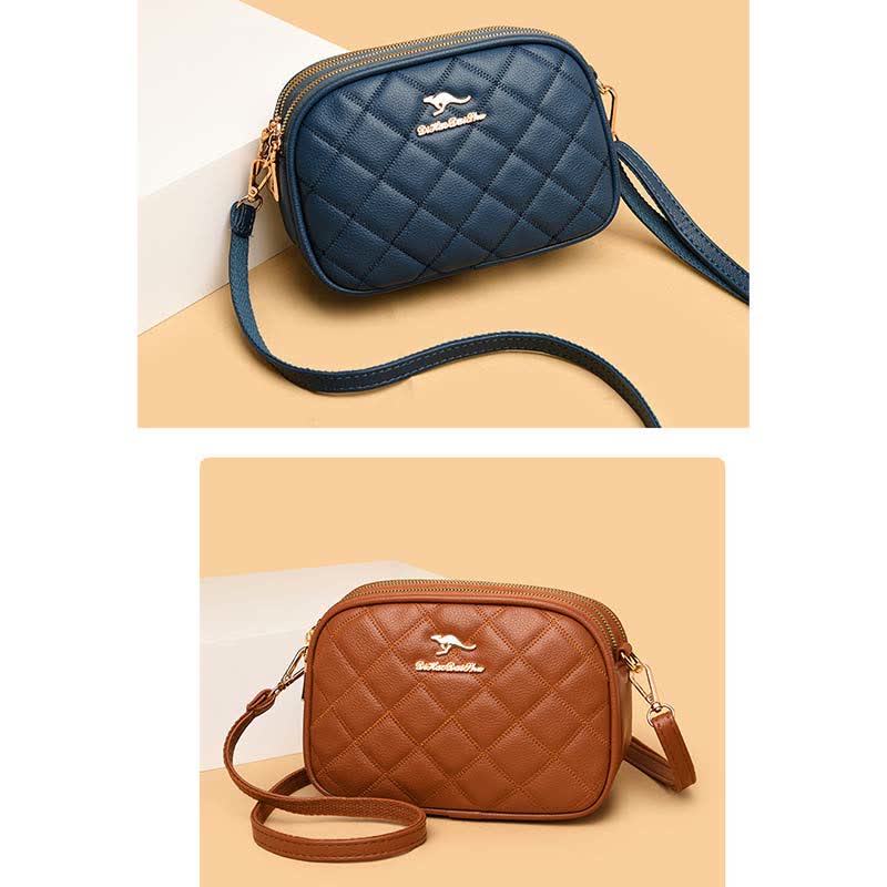 Umhängetasche mit 3 Reißverschlüssen für Damen, gestepptes Kunstleder, kleine Schultertasche