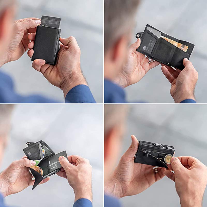 Minimalistische Geldbörse aus echtem Leder, dreifach faltbar, Pop-Up-Kartenhalter mit RFID-Blockierung