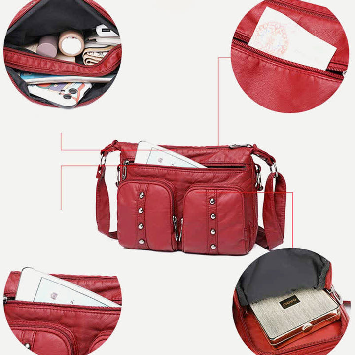 Umhängetasche mit mehreren Taschen für Damen, Retro-Nieten, Leder, Schultertasche