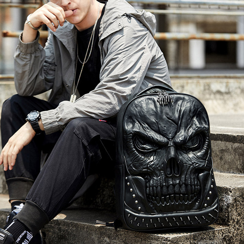 3D Totenkopf Punk Nieten Leder Rucksack Wasserdicht Geprägte Geister Kopf Knapsack