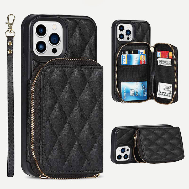iPhone-Handyhülle, gestepptes Leder, Brieftaschen-Hülle, Kartenhalter mit Umhängegurt