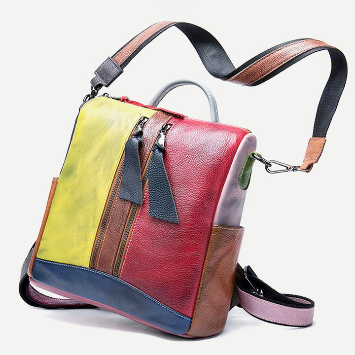 Damen Rucksack Handtasche Cabrio Schultertasche Echtleder Colorblock Casual Daypack