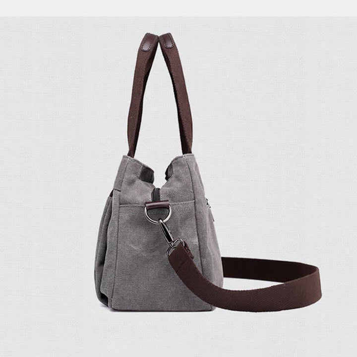 Handtasche aus Segeltuch mit drei Fächern und Blumendruck, Umhängetasche