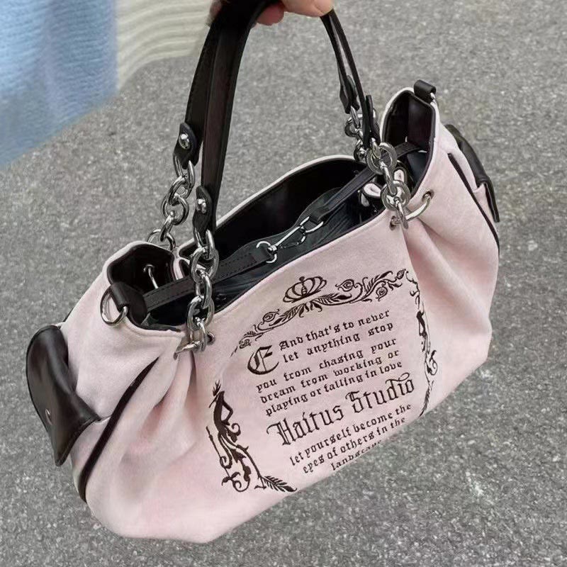 Einkaufstasche für Damen, Vintage-Alphabet-Stickerei, Ketten-Umhängetasche