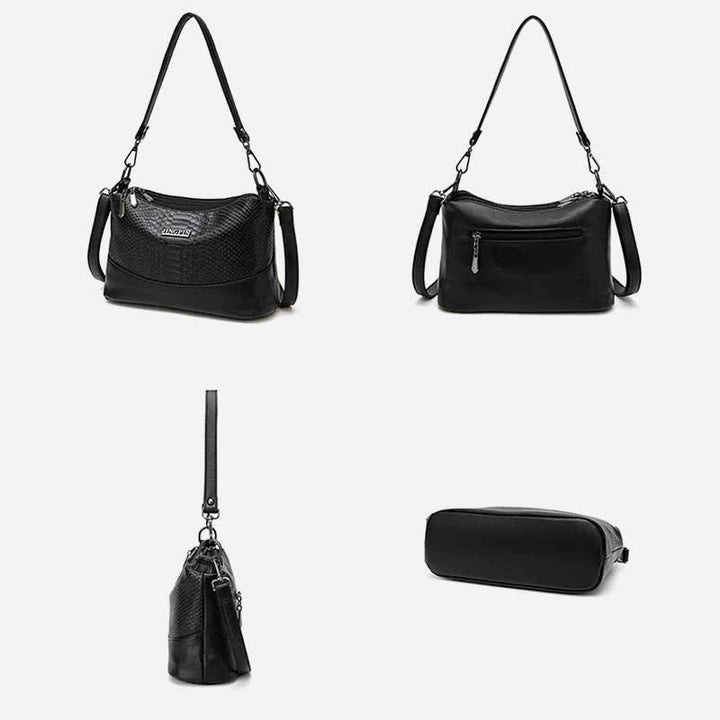 Umhängetasche mit drei Fächern für Damen, Beuteltasche aus veganem Leder