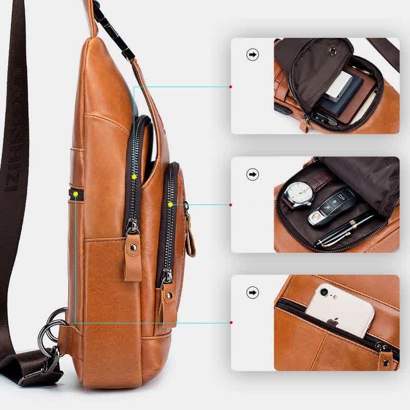 Schultertasche aus echtem Leder, lässiger Outdoor-Schulterrucksack, Brust-Tagesrucksack