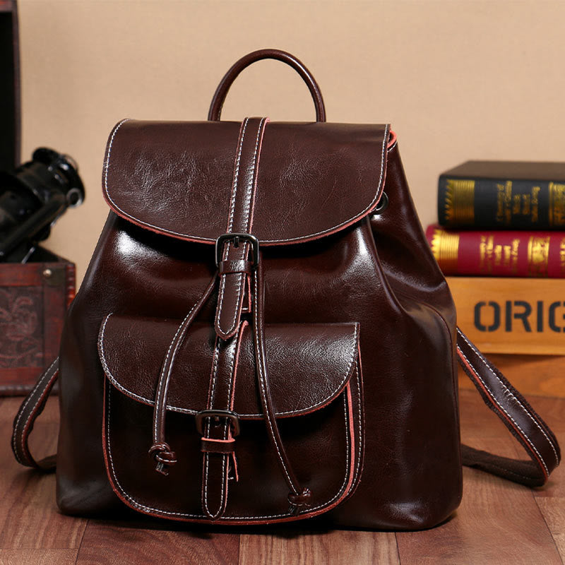 Klassischer Tagesrucksack für Damen, Ausflugsrucksack aus Leder mit Kordelzug