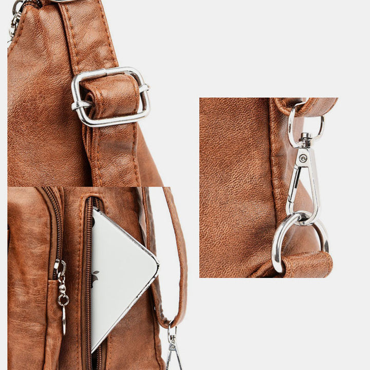 Einkaufstasche aus Leder im Vintage-Stil mit vielen Taschen und großer Kapazität