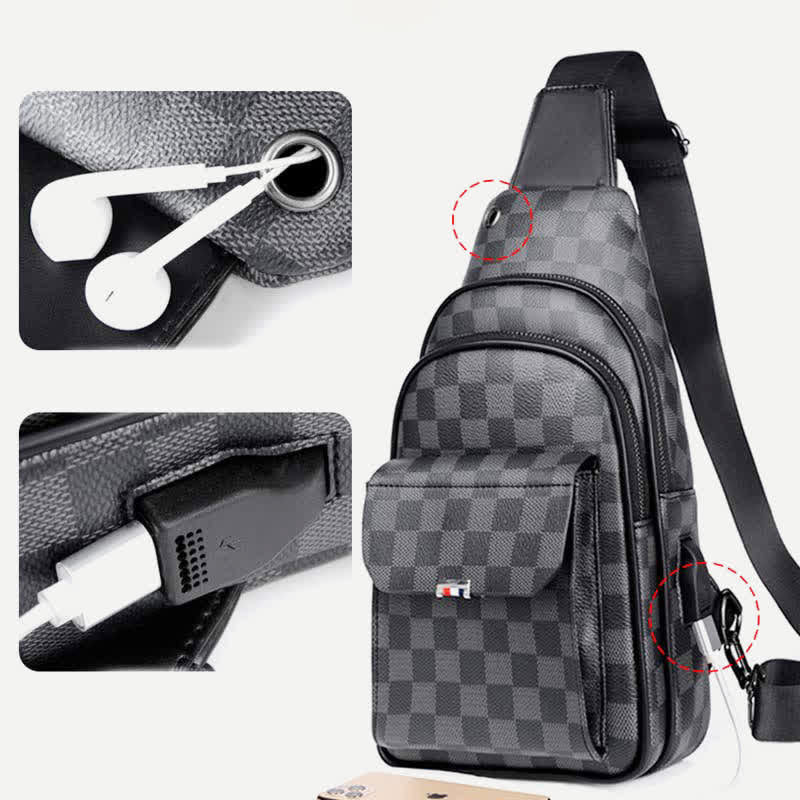 Lässiger Tagesrucksack aus Leder, Schultertasche, Brusttasche mit USB-Ladeanschluss
