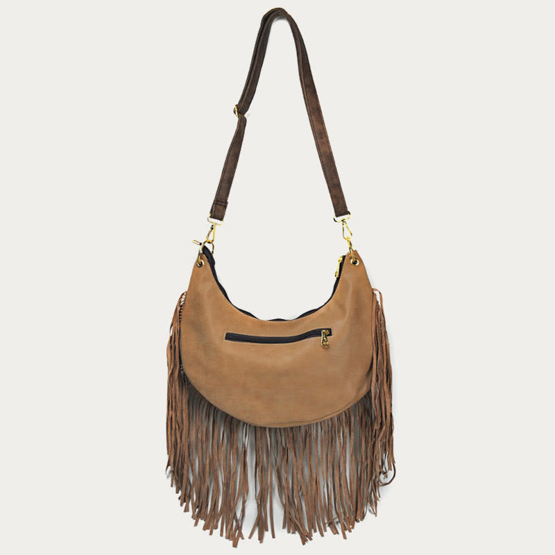 Umhängetasche für Damen, Reisetasche aus Leder im ethnischen Stil mit Quaste