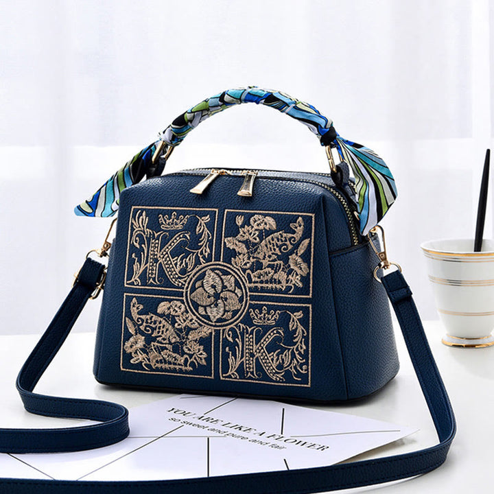 Top-Griff-Tasche für Damen, bestickte tragbare Umhängetasche aus Leder