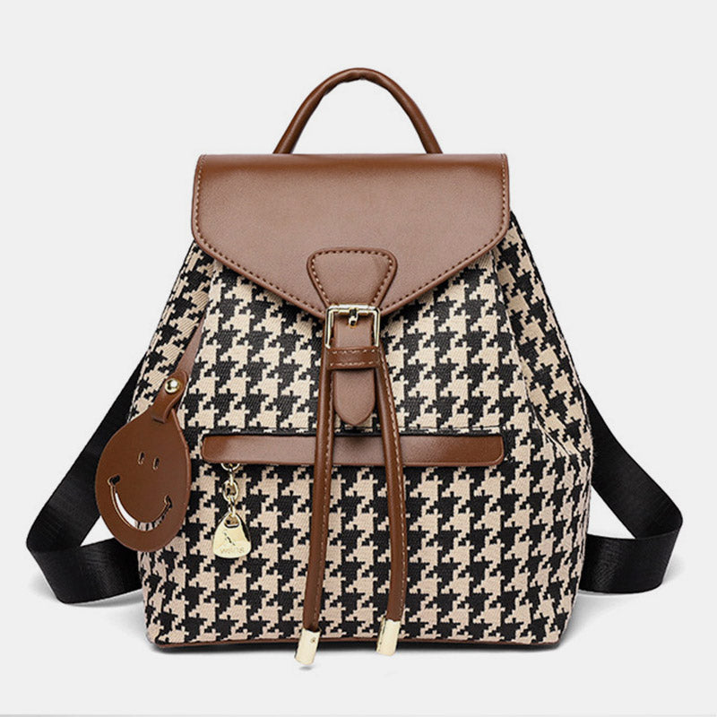 Damen Mini-Rucksack Geldbörse Hahnentrittmuster Klappe Tagesrucksack Leder Schultertasche