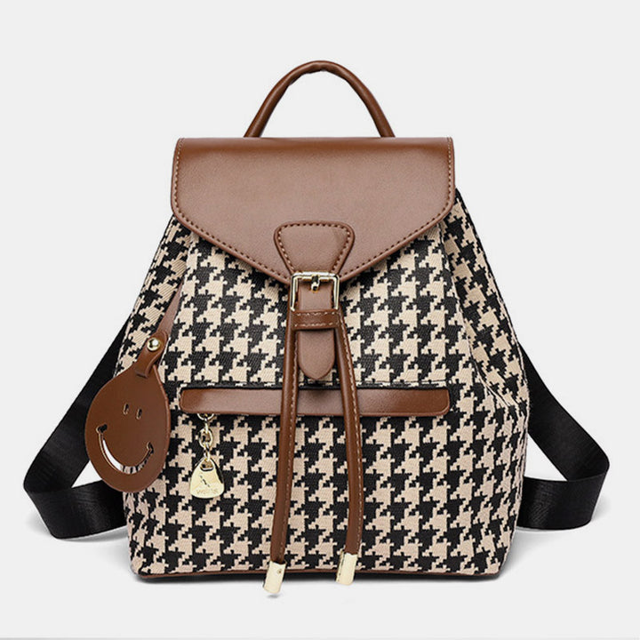Damen Mini-Rucksack Geldbörse Hahnentrittmuster Klappe Tagesrucksack Leder Schultertasche
