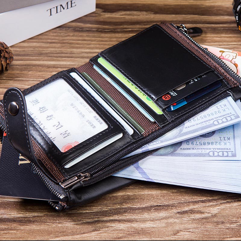 RFID-blockierende Retro-Geldbörse aus echtem Leder mit Doppelreißverschluss