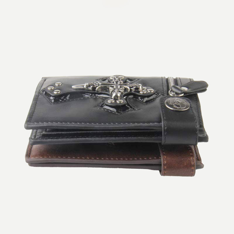 Herren-Geldbörse aus Leder mit Gothic-Totenkopf-Kreuz und langer Metallkette