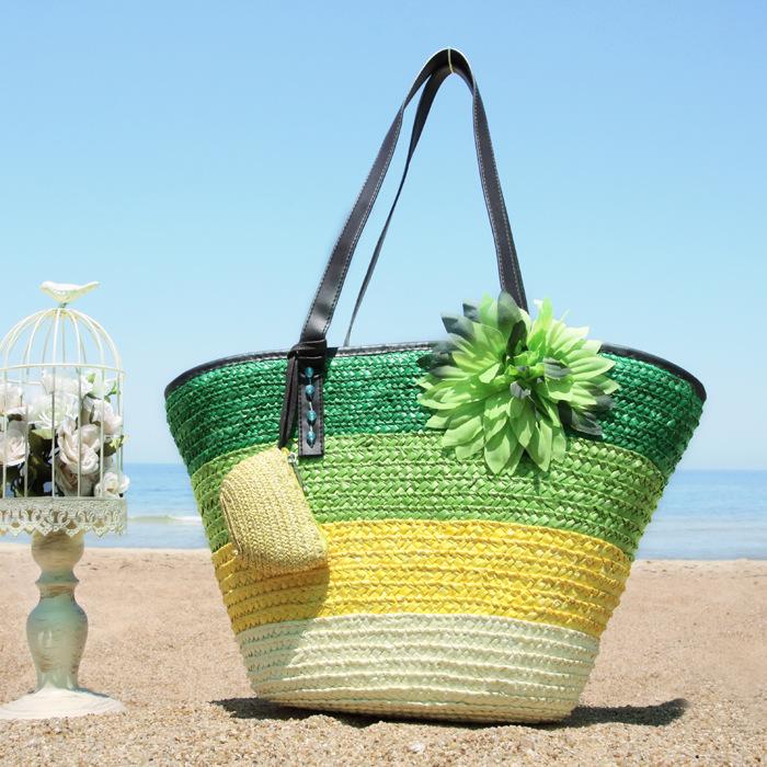 Sommerblumen-Strandtasche aus gewebtem Stroh, Reisetasche