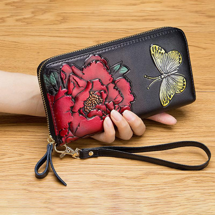 RFID-Geldbörse aus echtem Leder mit Vintage-Blumenprägung