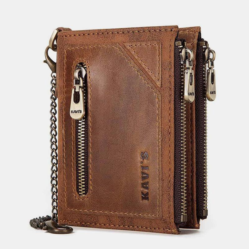 Vintage RFID Echtleder Bifold Münzgeldbörse mit Kette