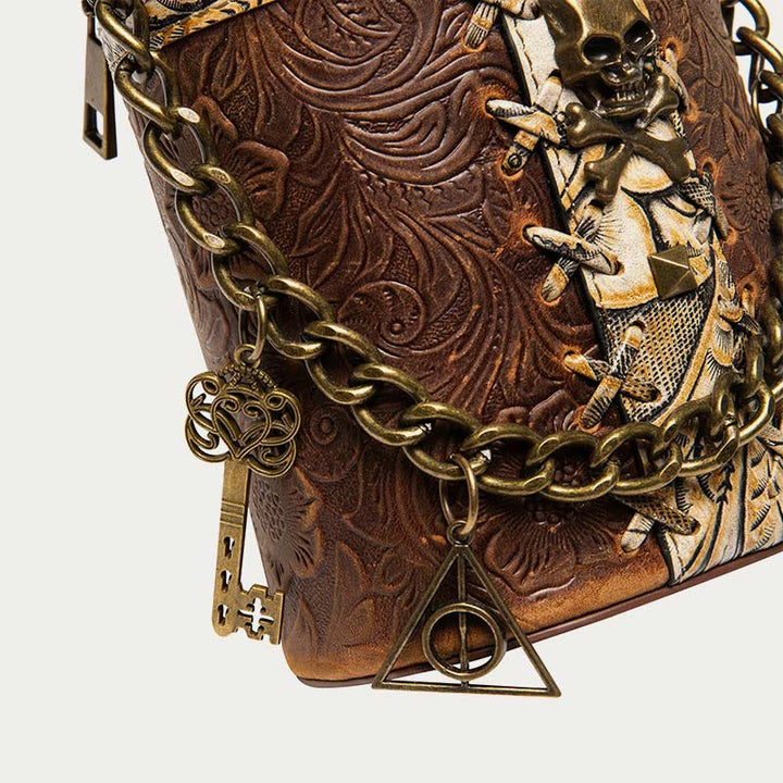 Vintage Umhängetasche Ausgefallene Totenkopf Design Leder Bucket Bag