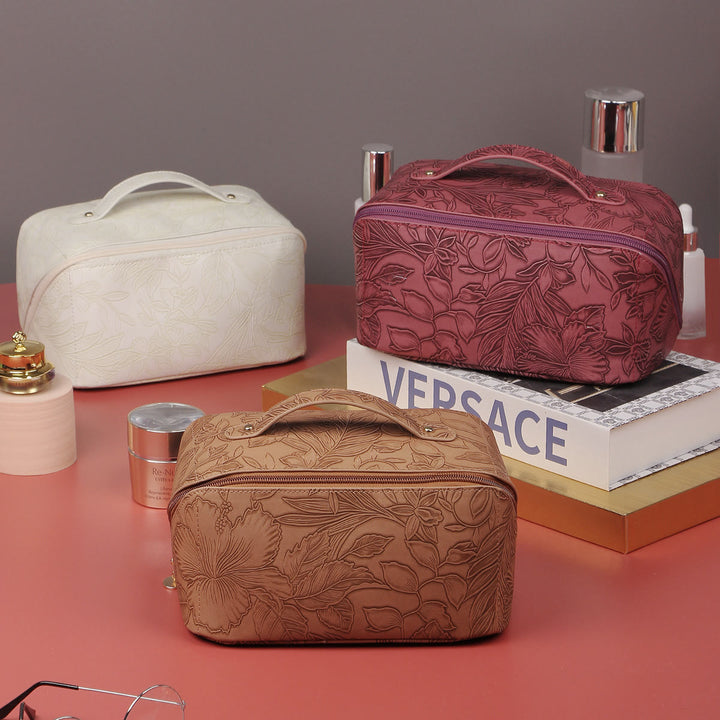 Kosmetiktasche für Damen, Reisetasche aus PU-Leder mit Vintage-Druck