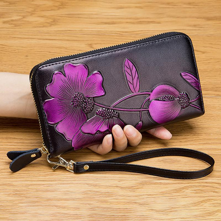 RFID-Geldbörse aus echtem Leder mit Vintage-Blumenprägung