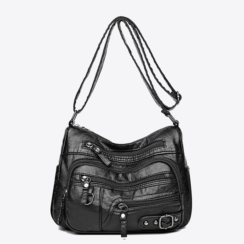 Minimalistische Ledergeldbörse mit mehreren Taschen für Damen. Organisierte Umhängetasche