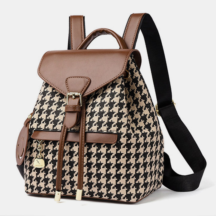 Damen Mini-Rucksack Geldbörse Hahnentrittmuster Klappe Tagesrucksack Leder Schultertasche