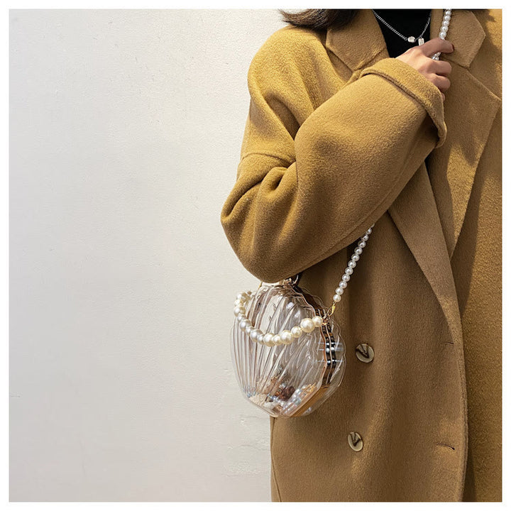 Umhängetasche für Damen mit Perlenkette und Clip, transparente Tasche