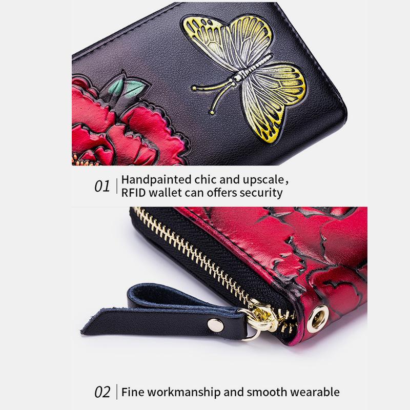 RFID-Geldbörse aus echtem Leder mit Vintage-Blumenprägung