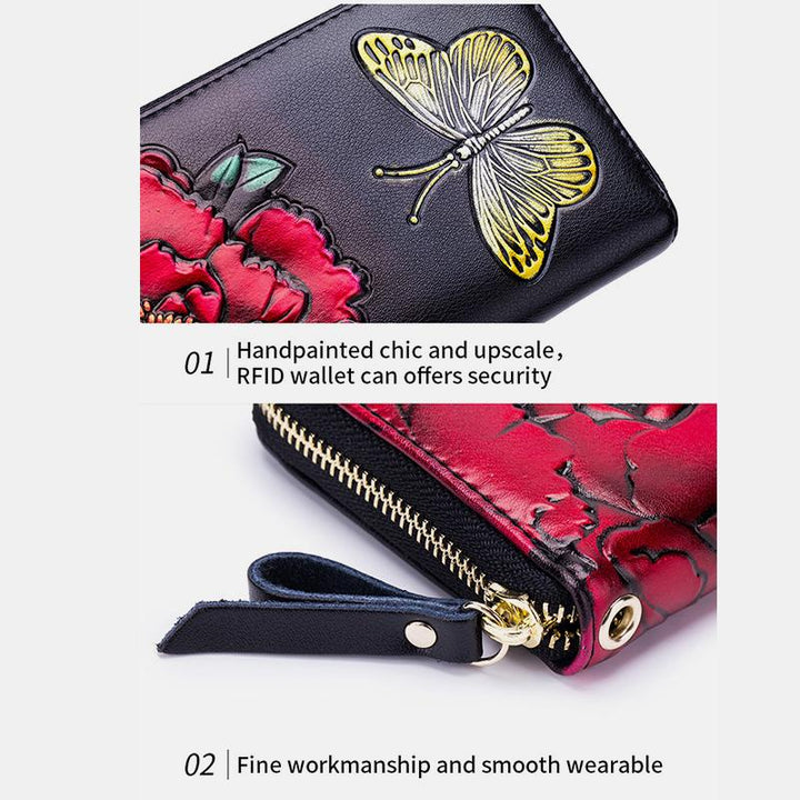 RFID-Geldbörse aus echtem Leder mit Vintage-Blumenprägung