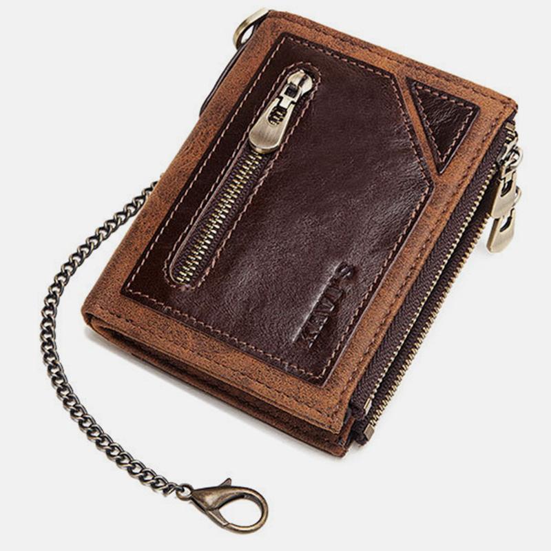 Vintage RFID Echtleder Bifold Münzgeldbörse mit Kette