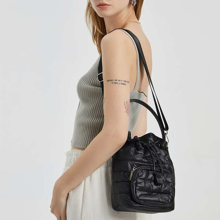 Puffer-Beuteltasche mit Kordelzug für Damen, Daunen-Umhängetasche, gesteppte Umhängetasche