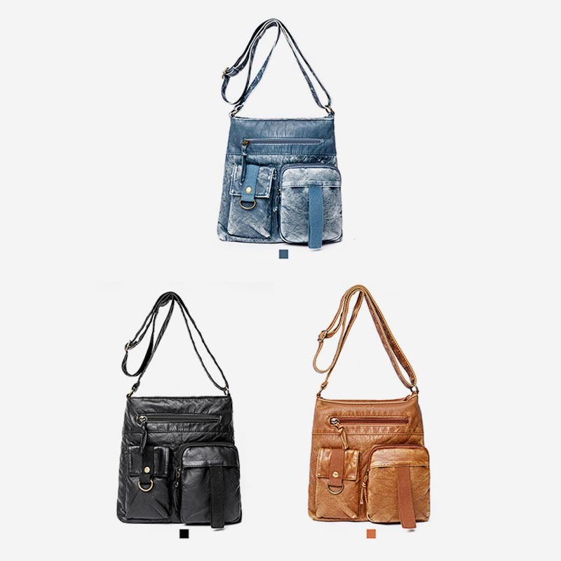 Umhängetasche für Damen, gewaschene, lässige Schultertasche aus Denim-Leder
