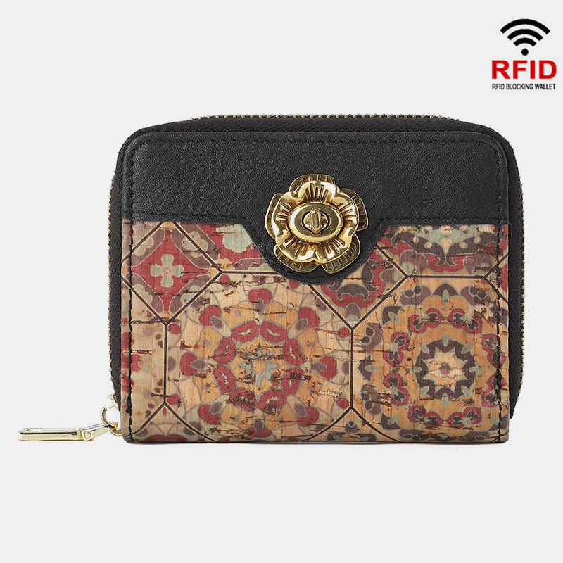 RFID Multi-Slot Echtleder Vintage Druck Kurze Brieftasche Kartenhalter
