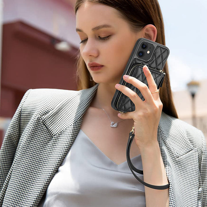 iPhone-Handyhülle, gestepptes Leder, Brieftaschen-Hülle, Kartenhalter mit Umhängegurt