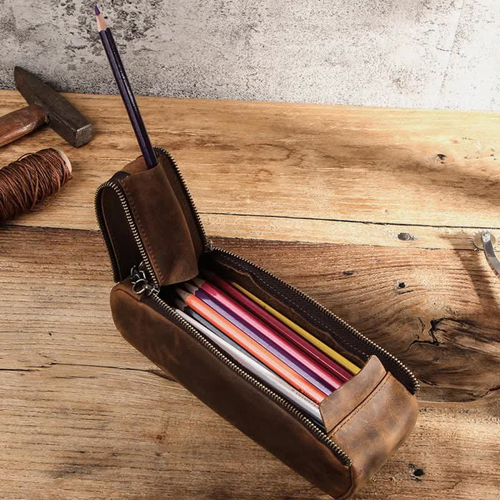 Retro-Make-up-Tasche aus echtem Leder, Mehrzweck-Reißverschluss, Federmäppchen