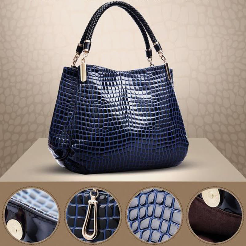 Minimalistische Damen-Tasche mit Henkel und Krokodilmuster aus veganem Leder