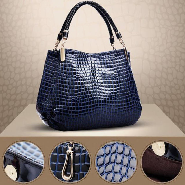 Minimalistische Damen-Tasche mit Henkel und Krokodilmuster aus veganem Leder