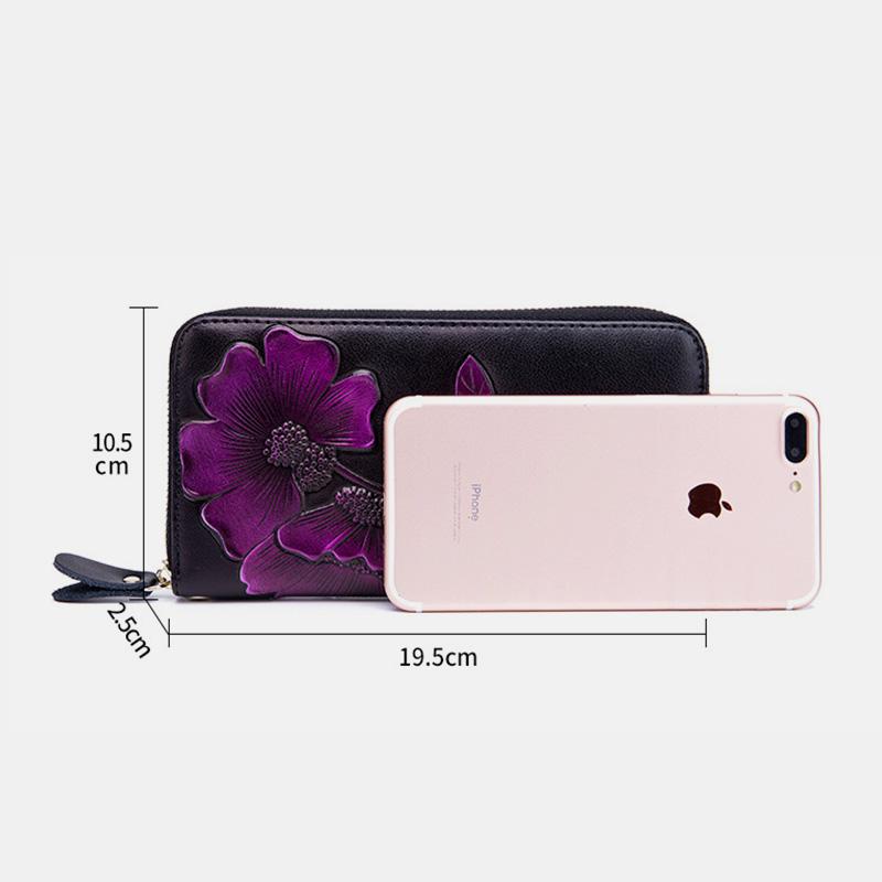 RFID-Geldbörse aus echtem Leder mit Vintage-Blumenprägung