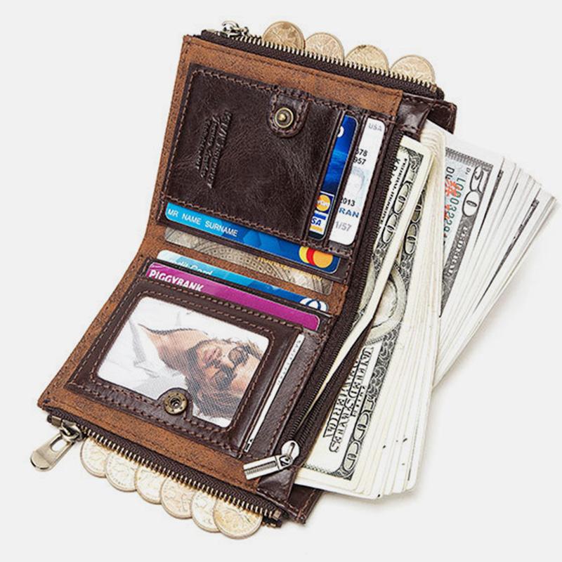 Vintage RFID Echtleder Bifold Münzgeldbörse mit Kette