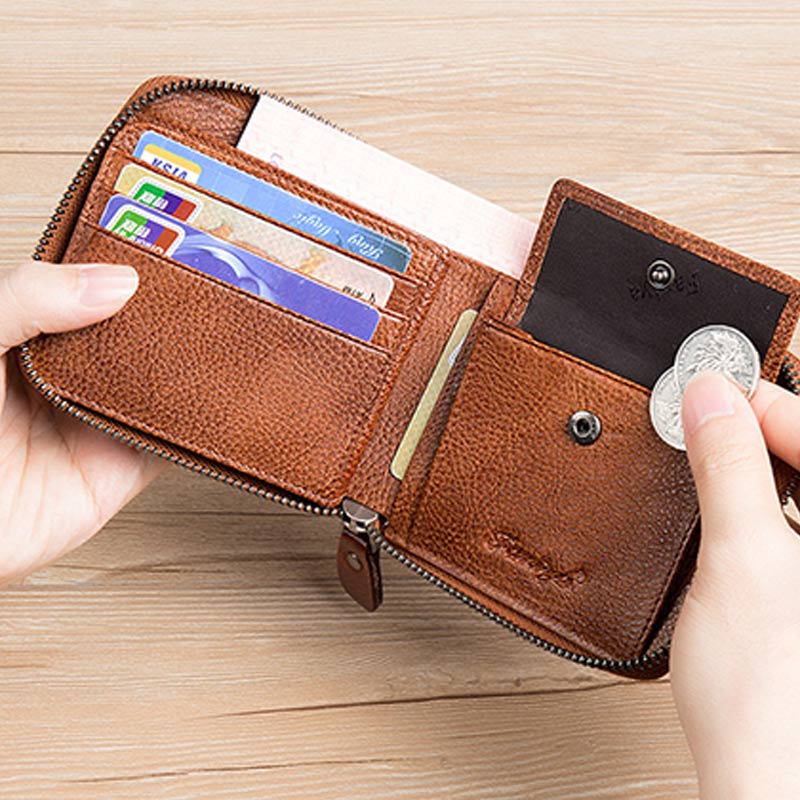 RFID-Diebstahlschutz Vintage-Geldbörse aus echtem Leder mit Reißverschluss