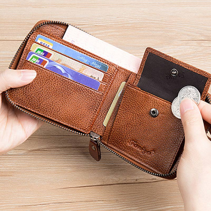 RFID-Diebstahlschutz Vintage-Geldbörse aus echtem Leder mit Reißverschluss
