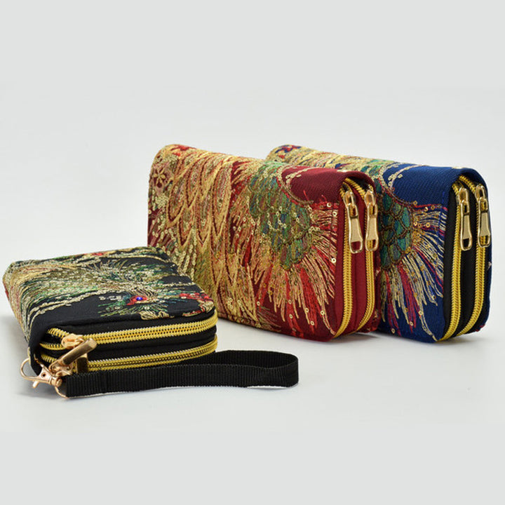 Vintage National Pfau Stickerei Lange Brieftasche Clutch