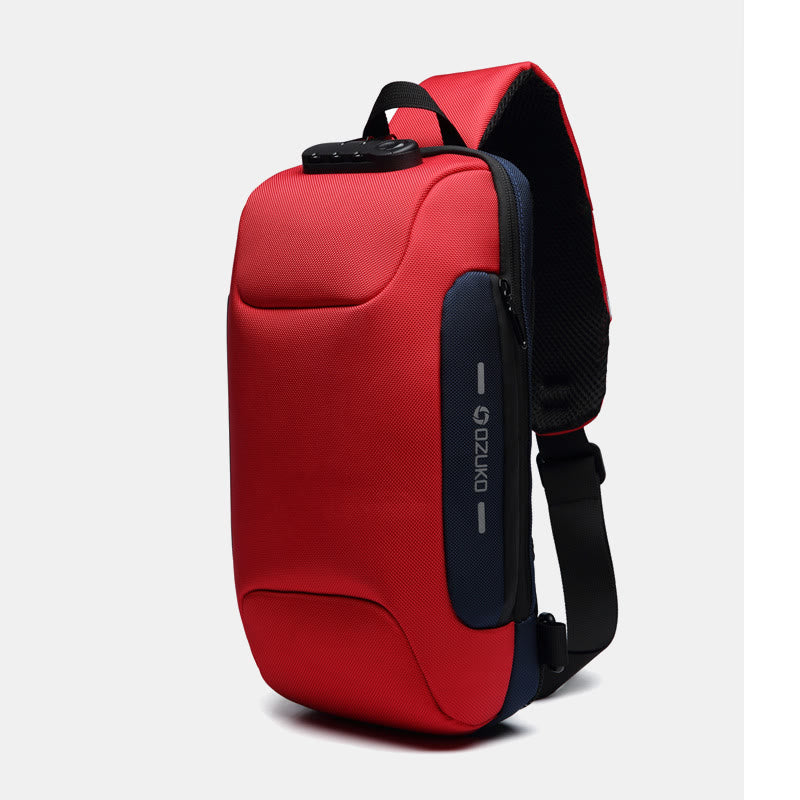 Modische Schultertasche mit mehreren Taschen, Brusttasche mit Passschloss und USB-Ladeanschluss