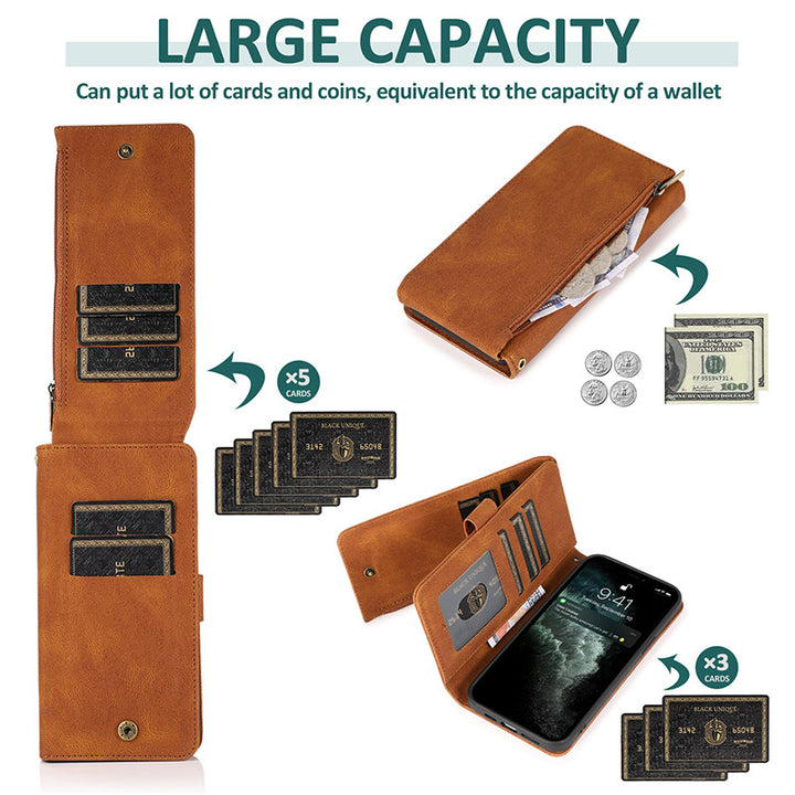 Brieftaschenetui für iPhone Samsung, langlebiges Flip-Lanyard-Gurt-Armband, Reißverschluss, Kartenhalter