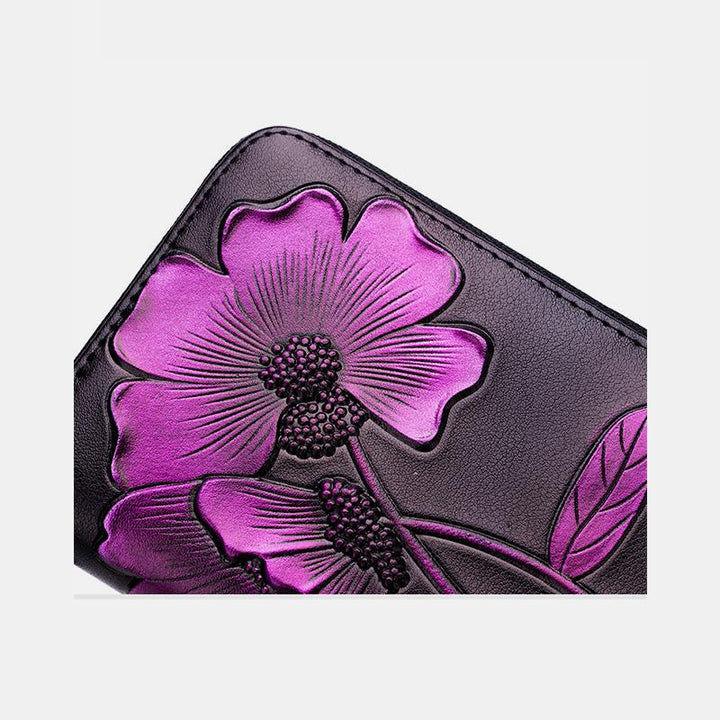 RFID-Geldbörse aus echtem Leder mit Vintage-Blumenprägung